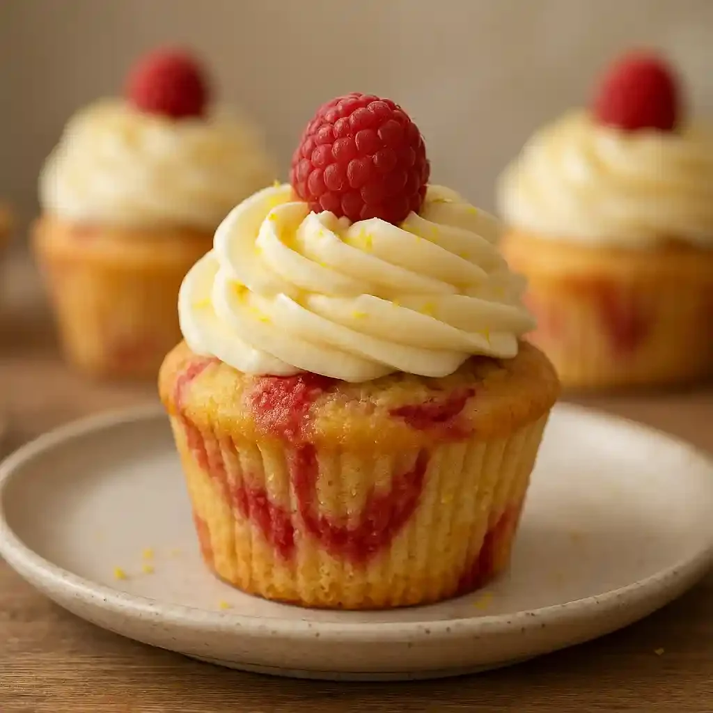 Raspberry Lemon Swirl Cupcakes with Light Buttercream 1 Close-up of Raspberry Lemon Swirl Cupcakes with Light Buttercream, bright lemon zest and fresh raspberries on top