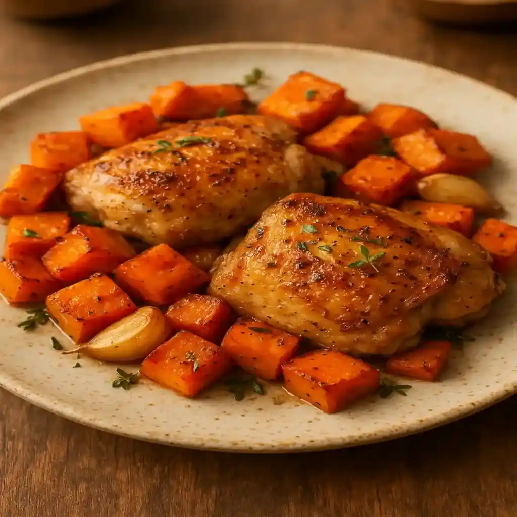 One Pan Garlic Chicken and Sweet Potatoes served on a warm plate with roasted garlic and herbs, cozy home-style dinner