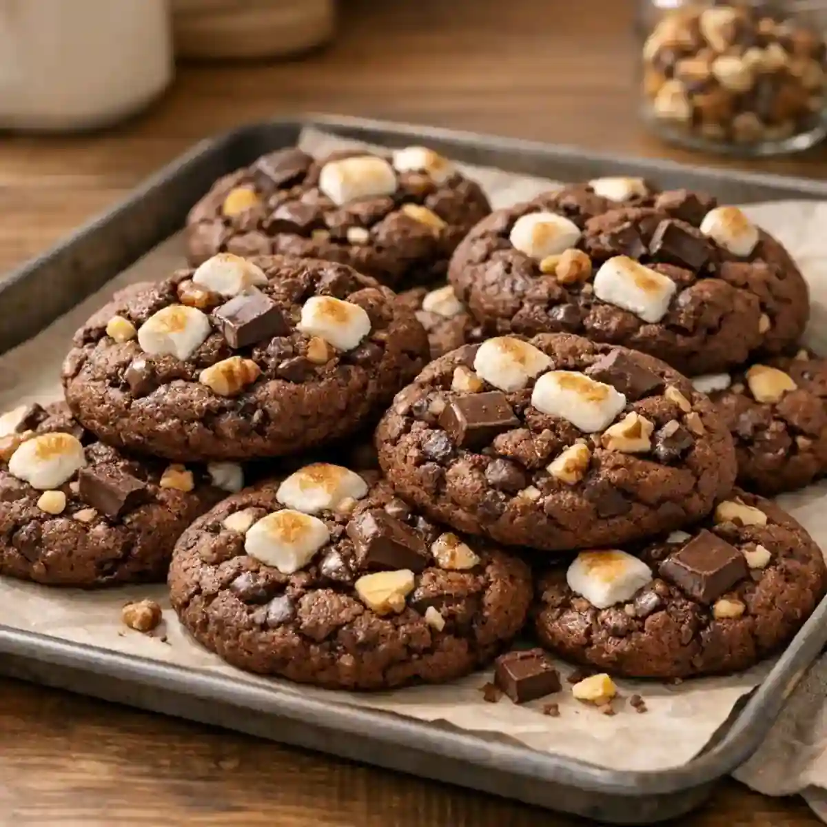 Levain Bakery-Style Rocky Road Cookies at Home 1 Levain Bakery-Style Rocky Road Cookies fresh from the oven on a baking tray
