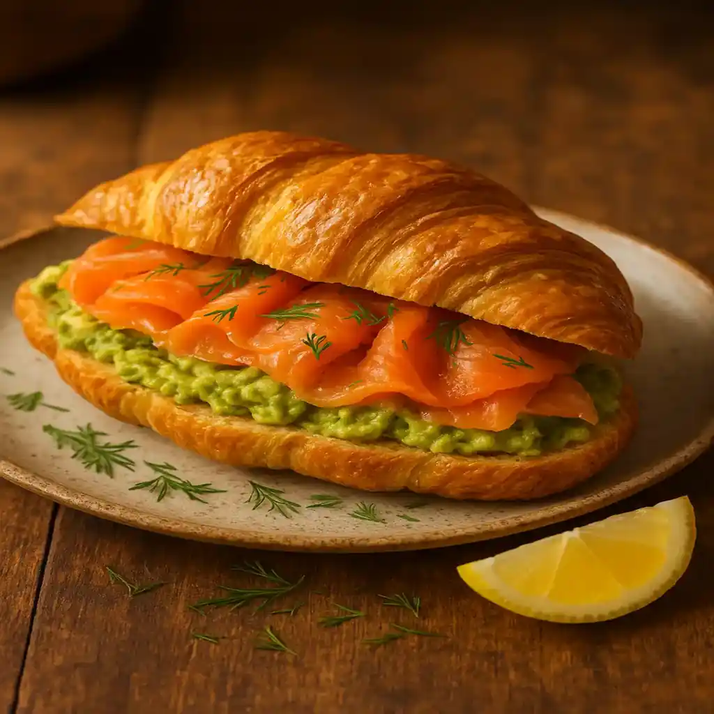 Gourmet Smoked Salmon and Avocado Croissant: Epic Brunch Bite 1 Gourmet Smoked Salmon and Avocado Croissant with flaky layers, creamy avocado, and smoked salmon ribbons