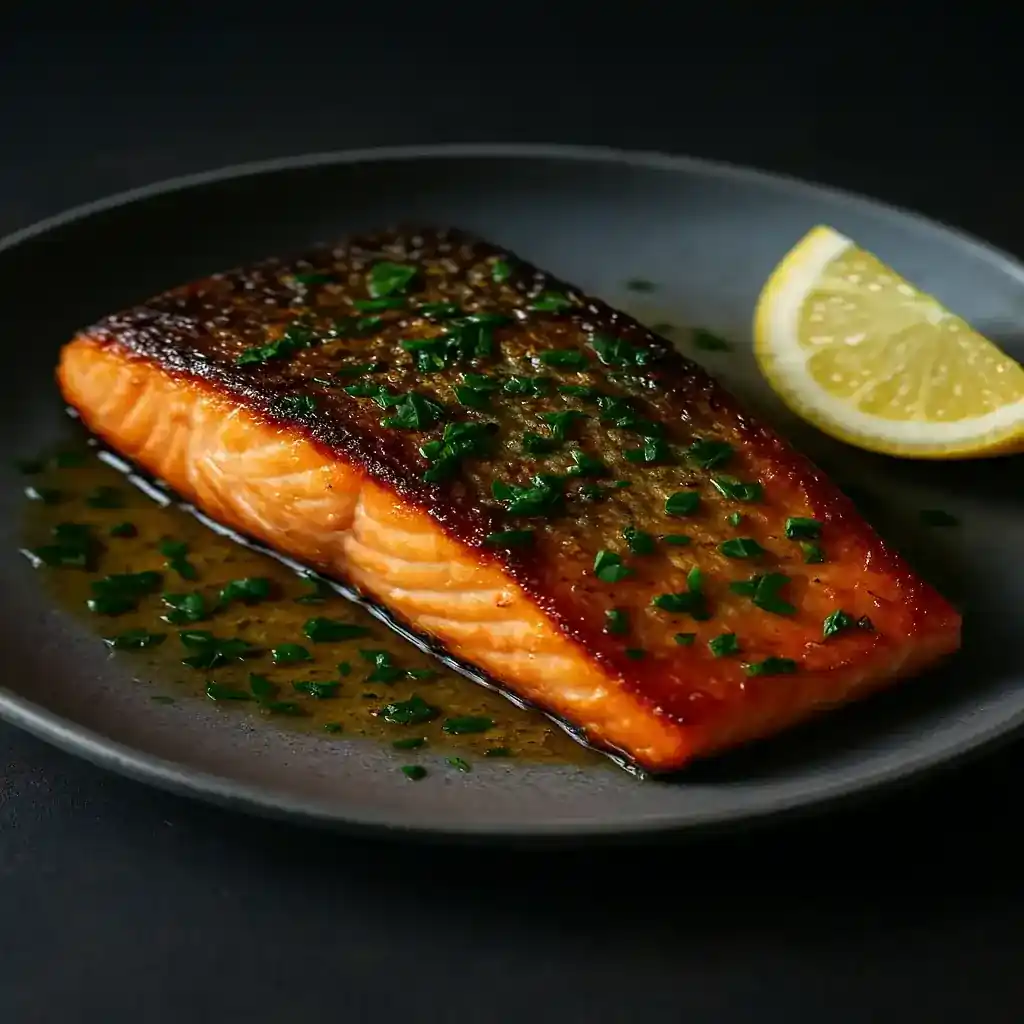Healthy Salmon Dinner Recipes hero shot of seared salmon with crispy skin and lemon-herb garnish