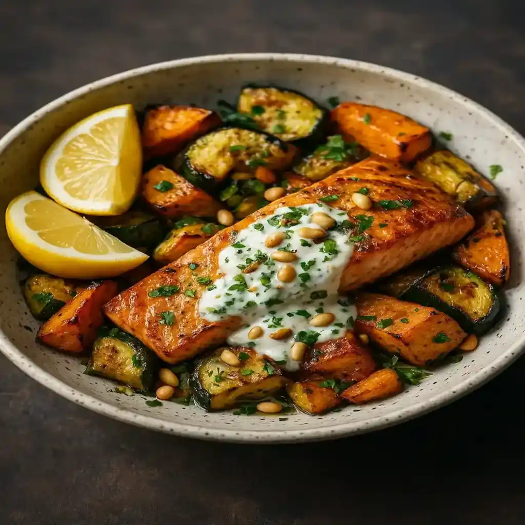A vibrant bowl showcasing Healthy Mediterranean Dinner Recipes with grilled salmon, roasted vegetables, herbs, and yogurt drizzle