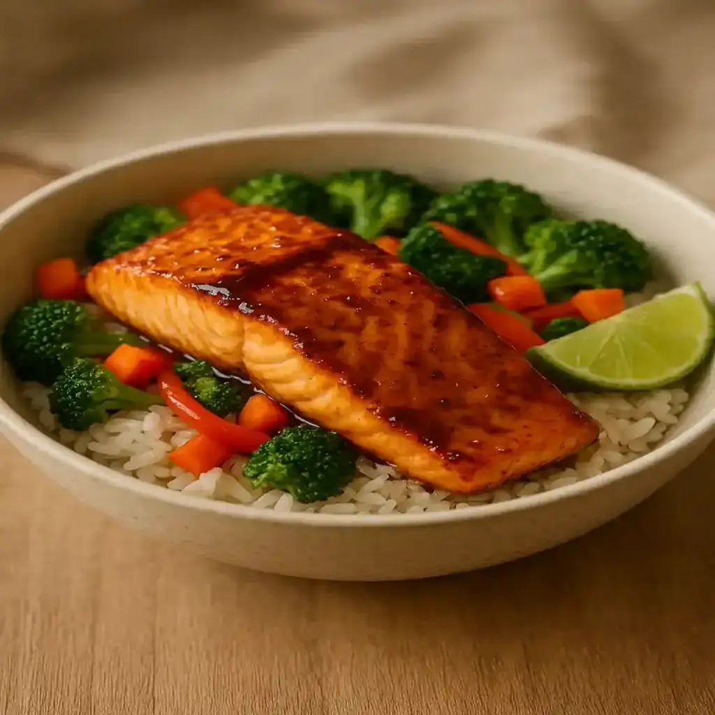 Crispy Salmon and Rice Bowl with golden seared salmon, rice, and vegetables, soy-lime glaze