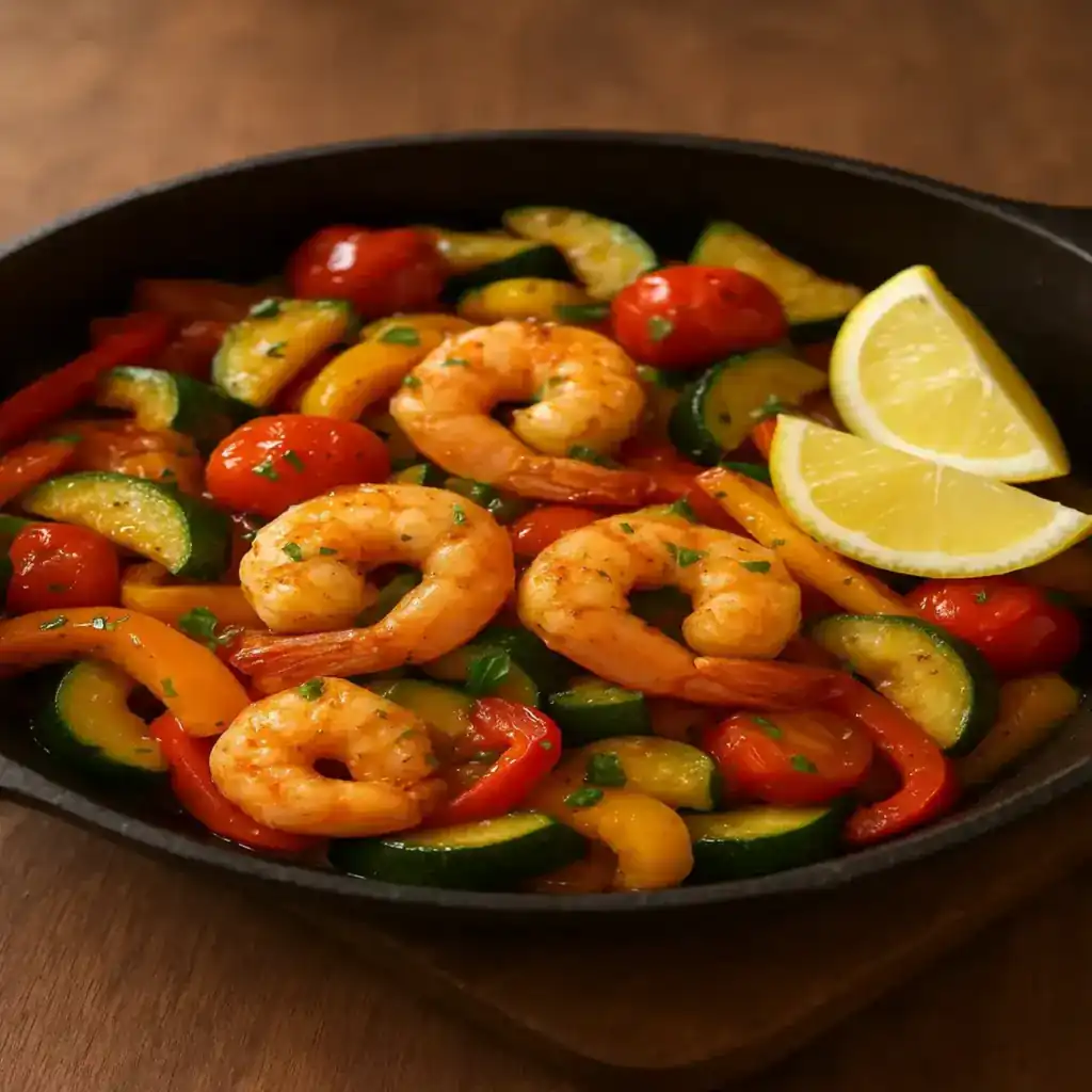 Plated Clean Eating Shrimp and Veggie Skillet with lemon and parsley, warm home-style presentation
