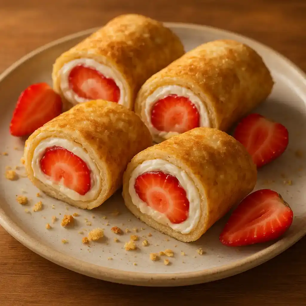 My Favorite Strawberry Cream Cheese Roll Ups Recipe, Cozy Snack 1 My Favorite Strawberry Cream Cheese Roll Ups Recipe on a plate, warm kitchen lighting, cozy and inviting