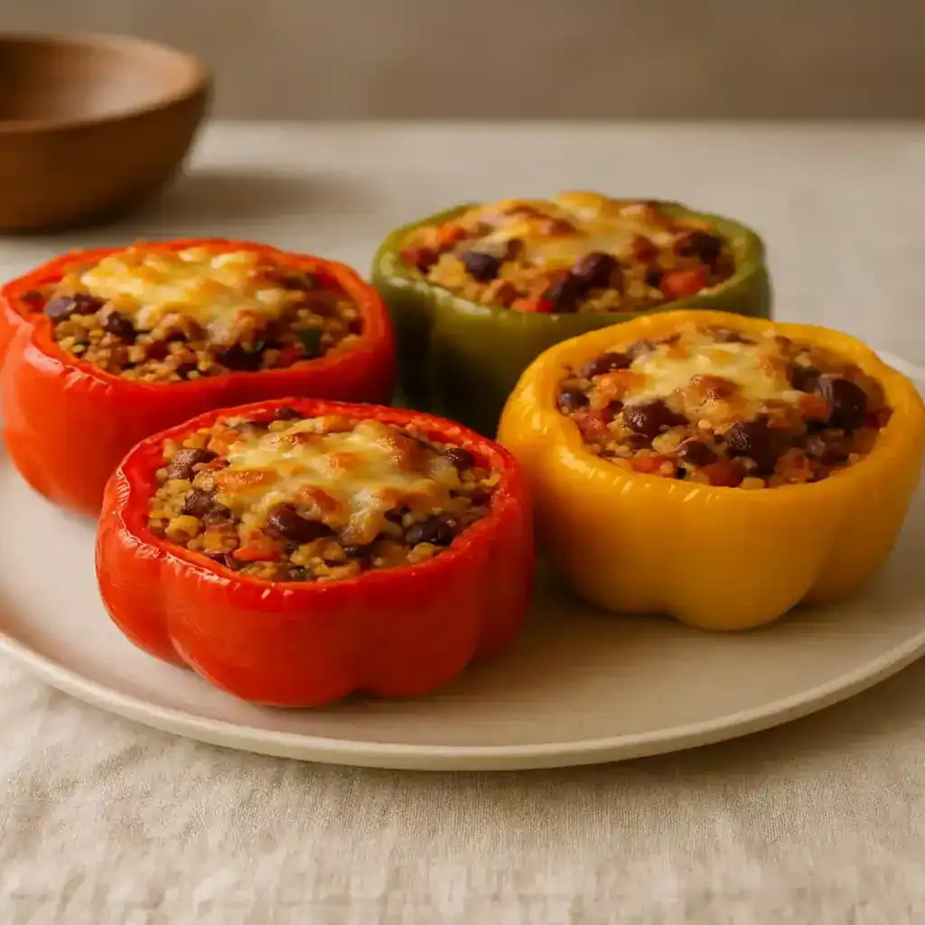 Healthy Stuffed Bell Peppers (High Protein) on a neutral plate with melted cheese and fresh herbs