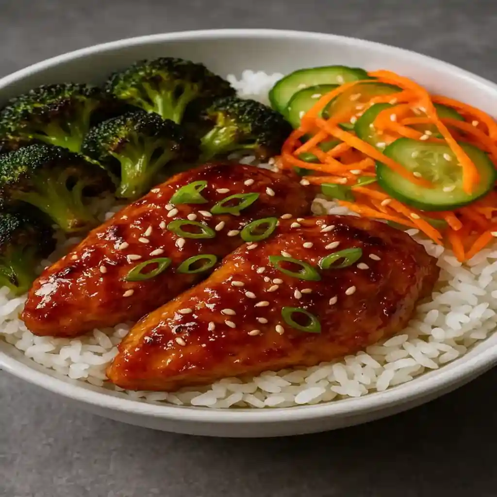 Maple Dijon Chicken Bowls with glossy maple-Dijon glazed chicken, roasted broccoli, rice, and pickled veggies