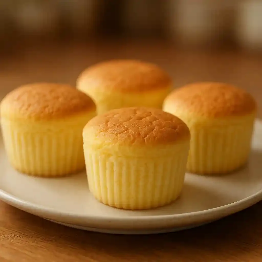 Close up of Fluffy Japanese Cotton Cheesecake Cupcakes, light and jiggly, on a simple plate