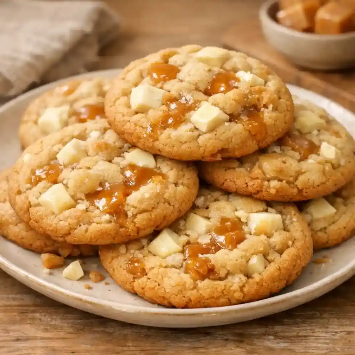 Freshly baked white chocolate caramel chunk cookies on a plate