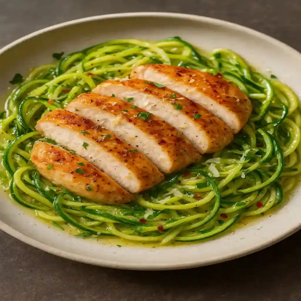 Low Carb Chicken Zucchini Noodle Dinner, seared chicken and spiralized zucchini in lemon garlic sauce