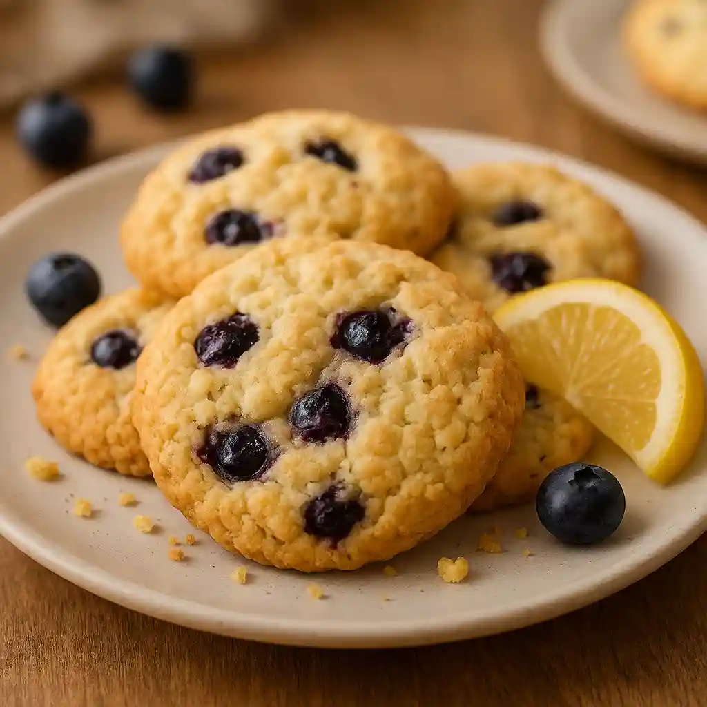 Close-up of Lemon Blueberry Drop Cookies with bright lemon zest and plump blueberries, showing tender texture and golden edges