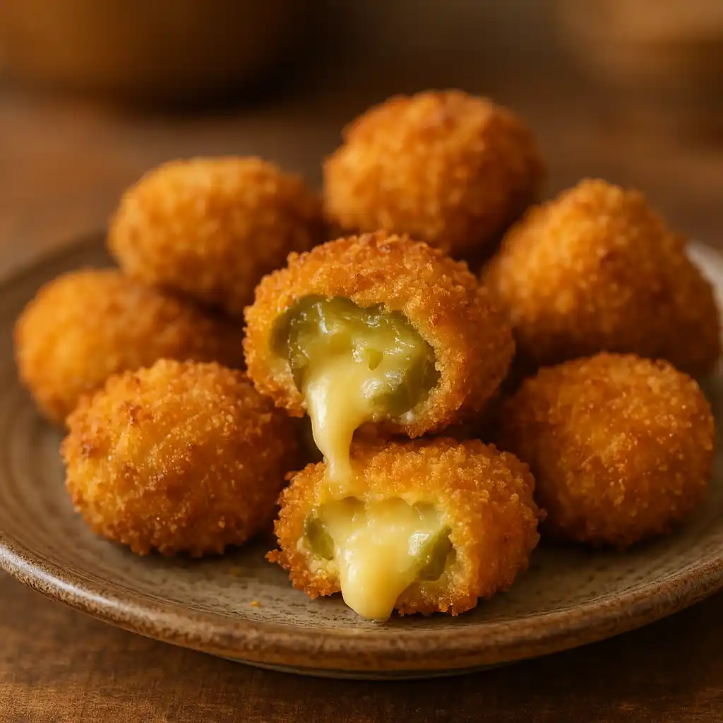 Plate of Crispy Pickle Cheese Bites with golden crust and melty cheese, cozy kitchen setting