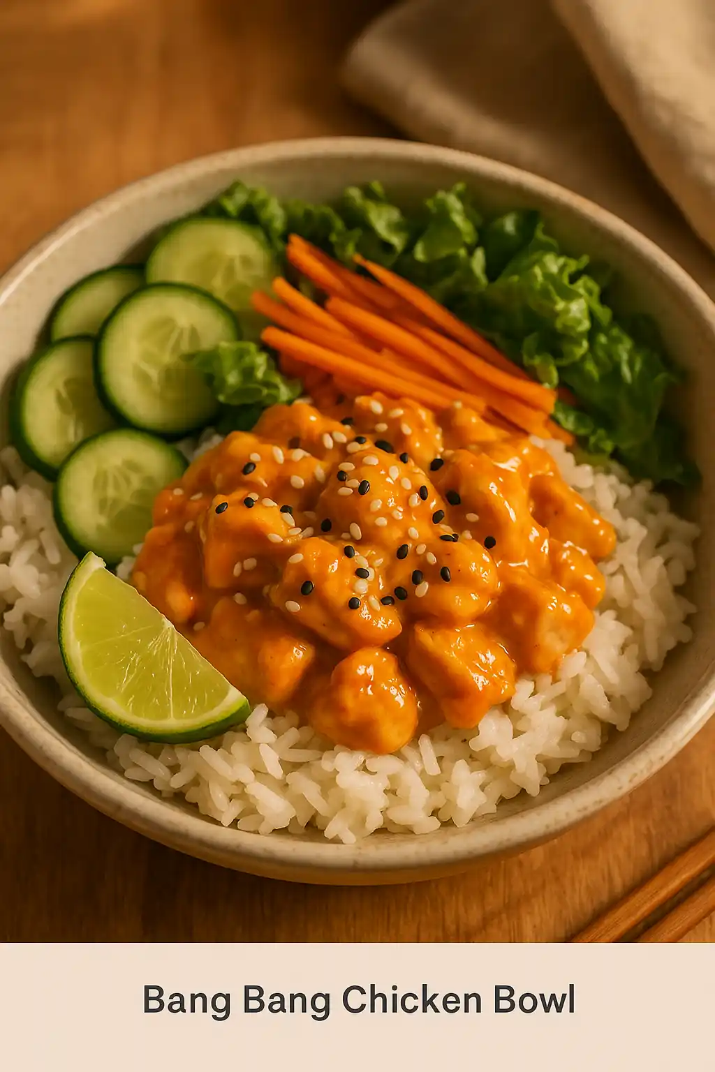 Cozy Bang Bang Chicken Bowl for Busy Weeknights 1 Comforting Bang Bang Chicken Bowl with saucy chicken, rice, crisp vegetables, and sesame seeds