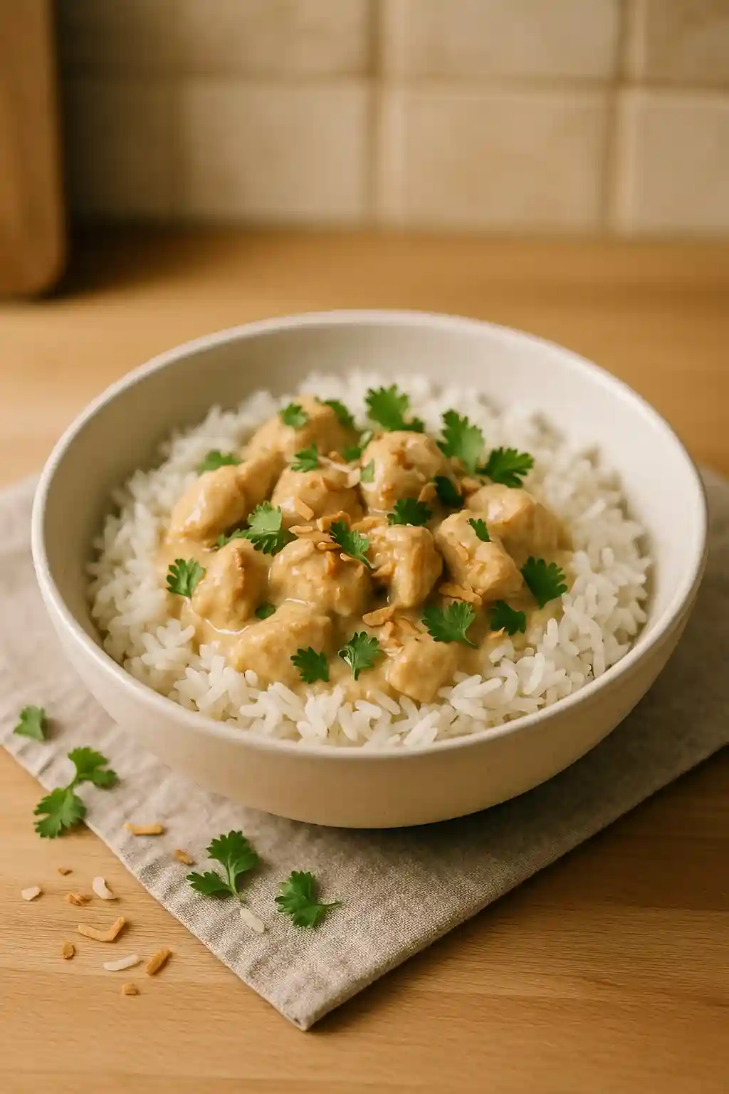 Easy Coconut Chicken Rice Bowl for Cozy Weeknights 1 Coconut Chicken Rice Bowl on a simple plate, warm coconut sauce over jasmine rice with cilantro garnish