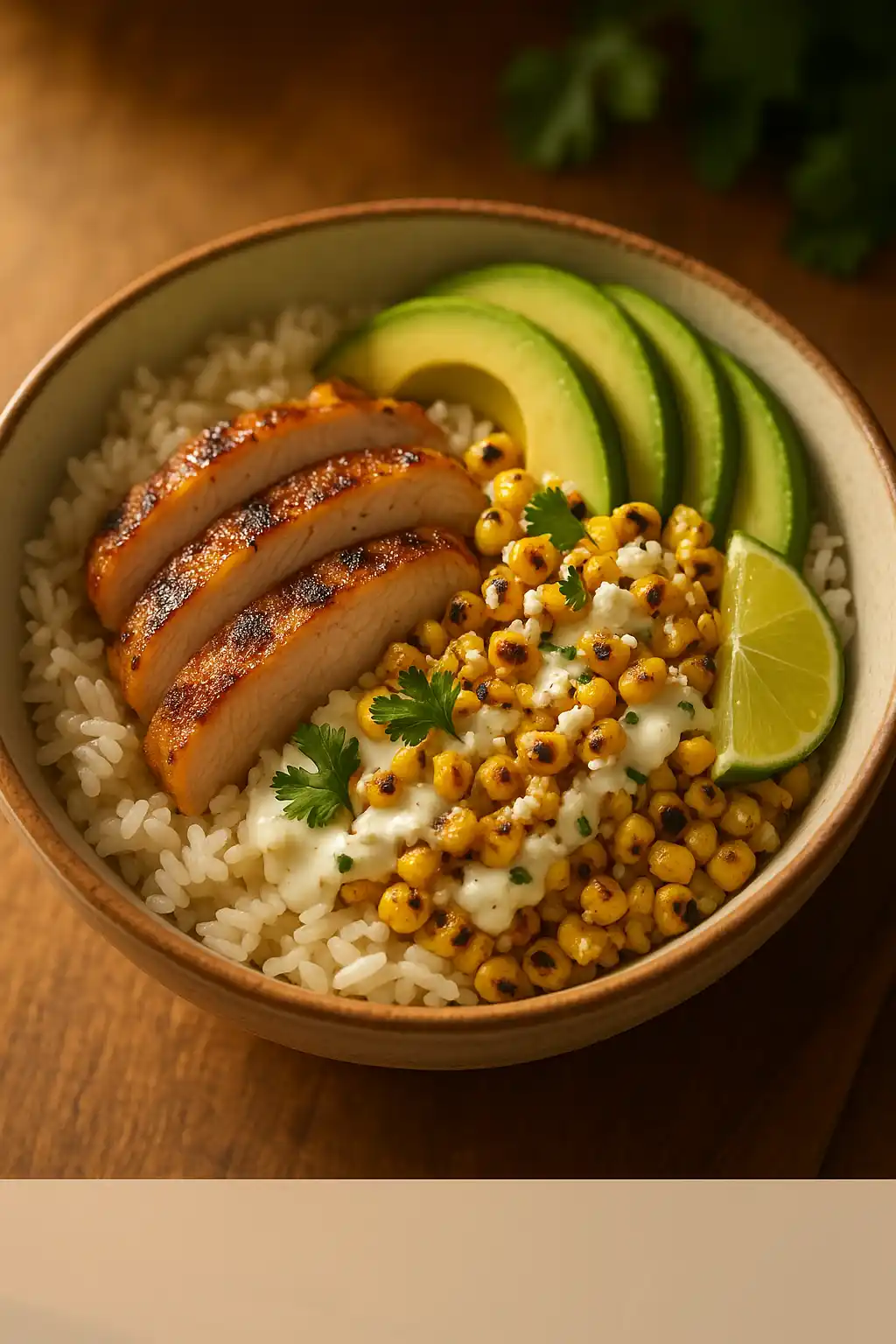 Street Corn Chicken Rice Bowl: Cozy Weeknight Comfort 1 Comforting Street Corn Chicken Rice Bowl with seared chicken, charred corn, cotija lime sauce, and avocado