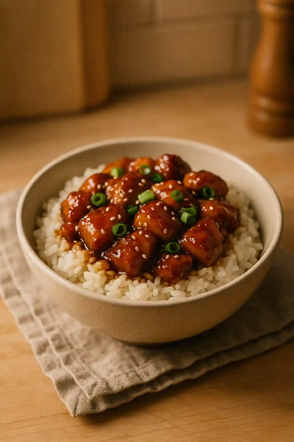 Easy Teriyaki Chicken Rice Bowl for Weeknights 1 Teriyaki Chicken Rice Bowl with glossy sauce and sesame seeds, a warm comforting weeknight meal