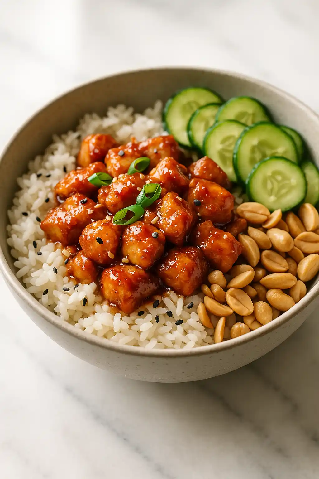 Maple Sriracha Chicken Rice Bowl That Hits Every Time 1 Maple Sriracha Chicken Rice Bowl with glossy sticky chicken, sesame rice, quick pickles and crunchy peanuts