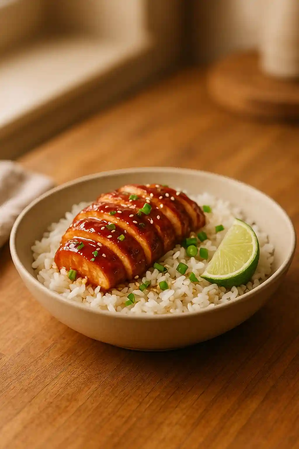 Honey BBQ Chicken Rice Bowl with sliced honey glazed chicken over steaming rice, sesame seeds and green onions