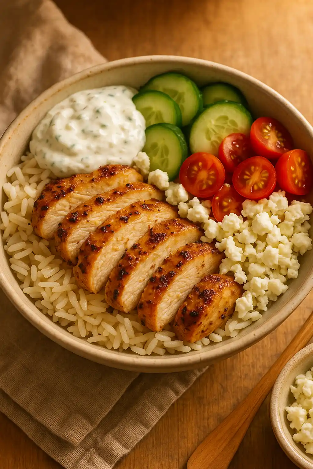 Greek Chicken Gyro Bowl, Cozy Weeknight Dinner 1 Cozy Greek Chicken Gyro Bowl with marinated chicken, tzatziki, cucumber, tomatoes and feta, a comforting family favorite