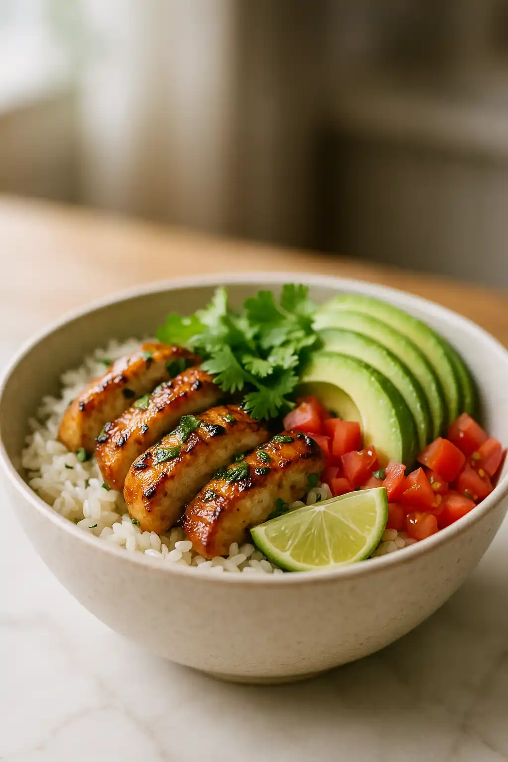 Cilantro Lime Chicken Rice Bowl with charred chicken, lime wedges, avocado, and cilantro