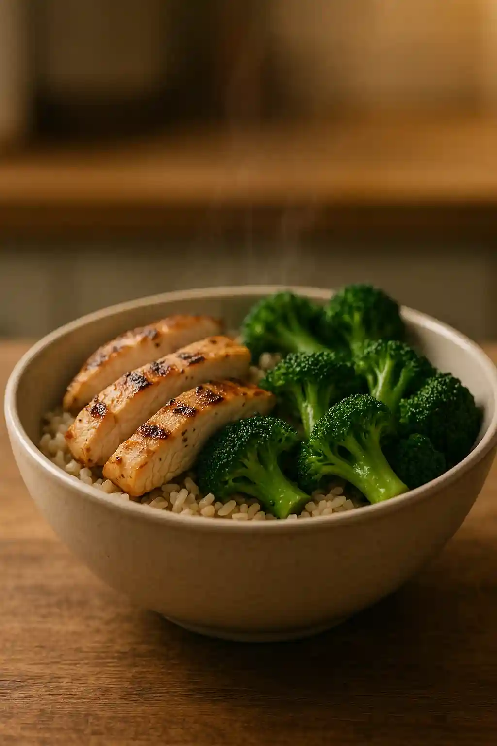 Grilled Chicken & Broccoli Bowl, Simple Weeknight Meal 1 Grilled Chicken & Broccoli Bowl, close-up of grilled chicken slices and charred broccoli over brown rice, warm home kitchen lighting