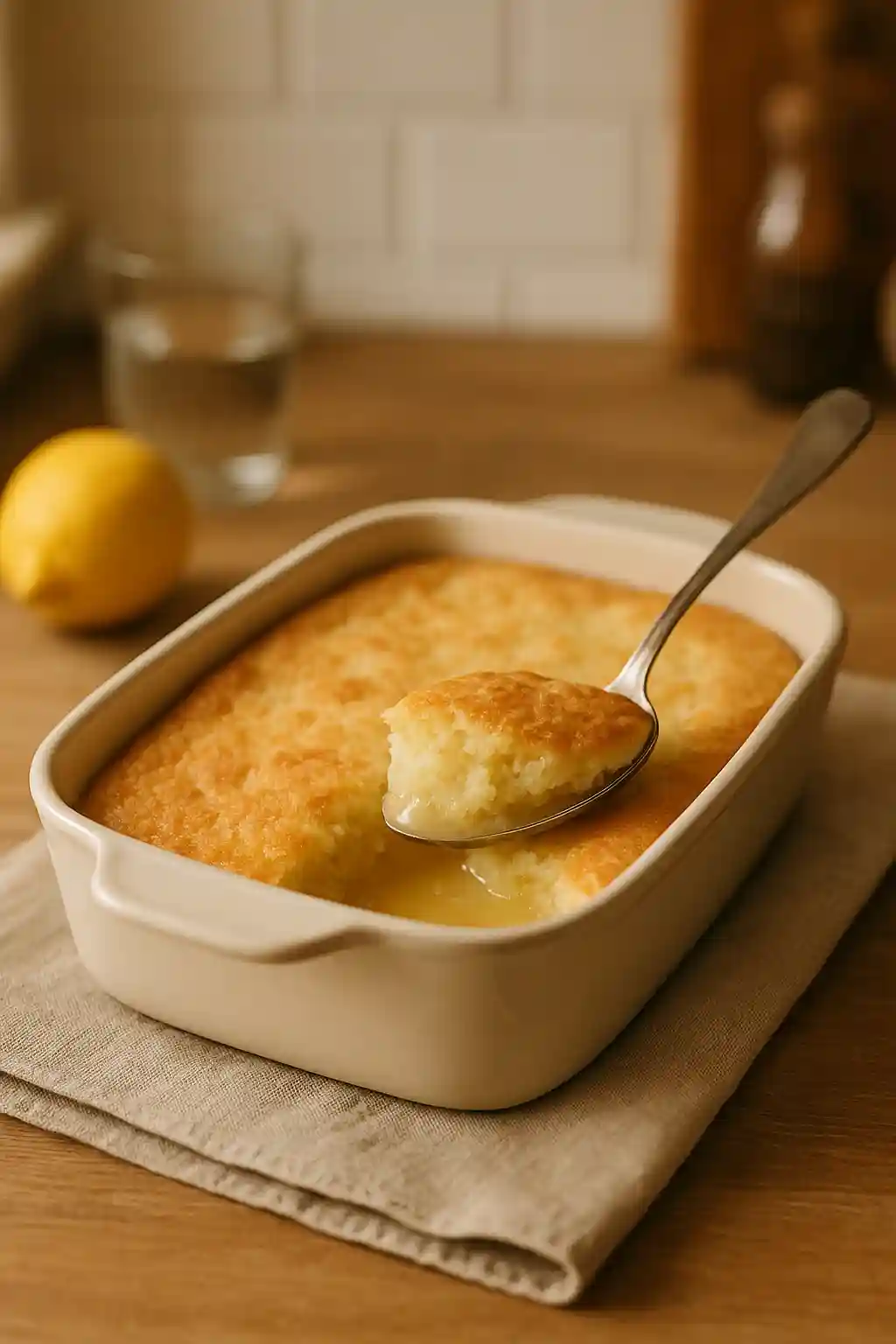 Self Saucing Lemon Pudding in a ceramic dish, warm sponge with glossy lemon sauce