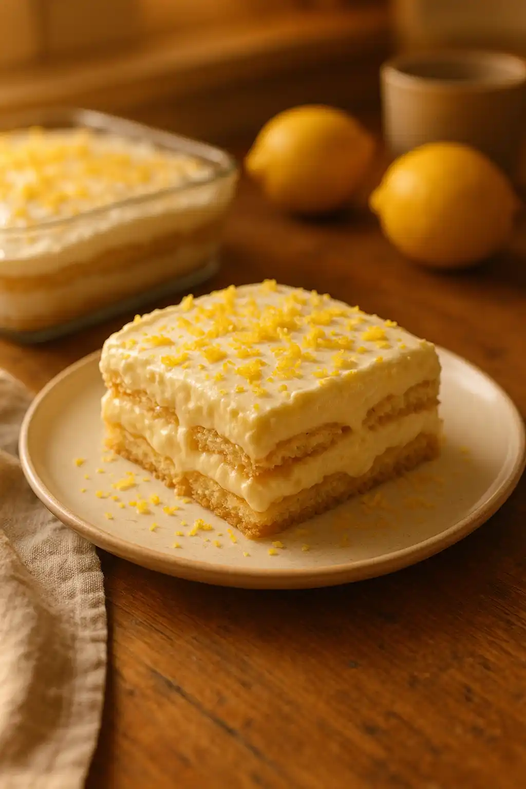 Lemon Tiramisu, Bright Easy Dessert for Busy Families 1 A close up of Lemon Tiramisu with bright lemon zest on top, a creamy layered dessert perfect for family gatherings