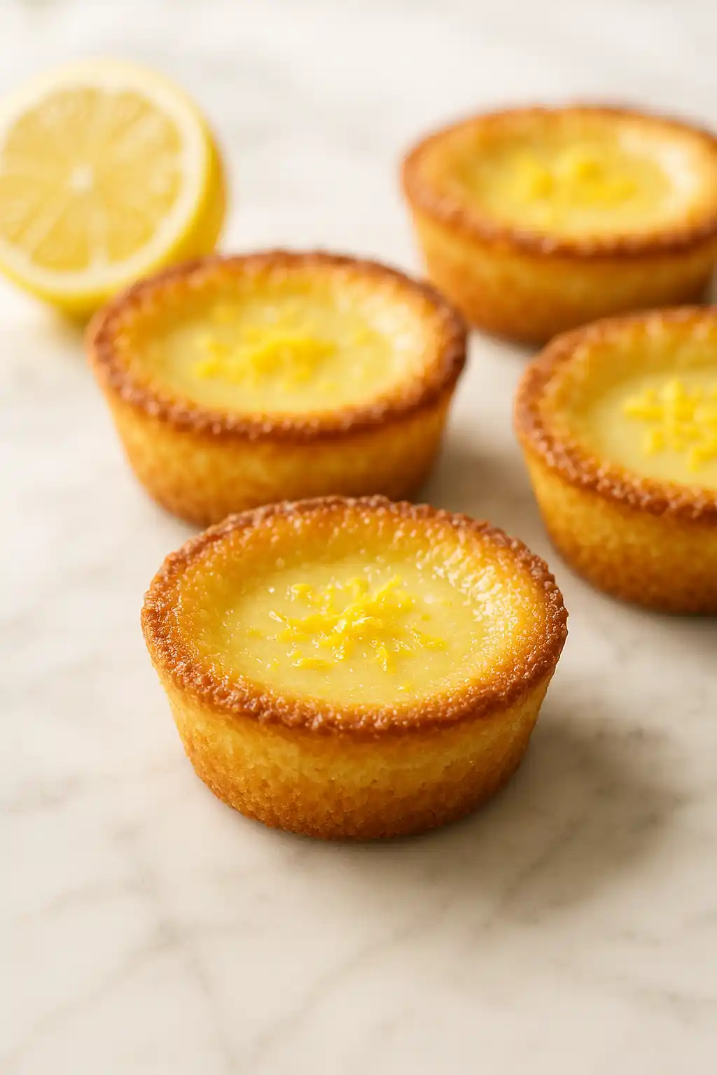 Baby Lemon Impossible Pies That Melt in Your Mouth 1 Baby Lemon Impossible Pies on a plate, silky lemon custard in crisp mini crusts
