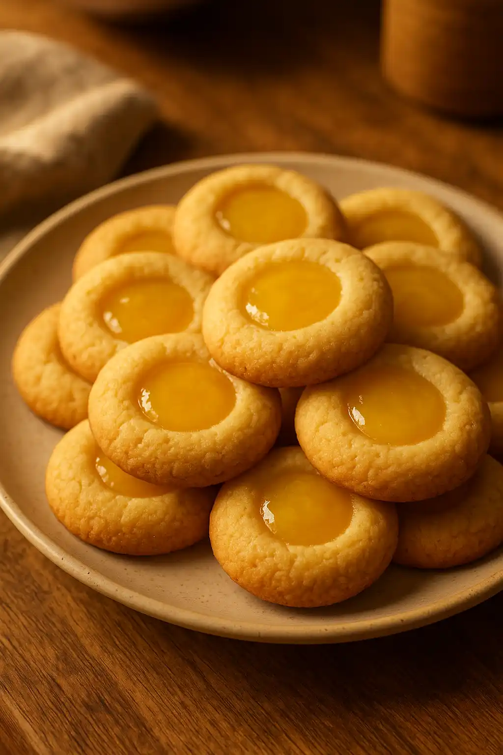 Lemon Curd Filled Cookies That Feel Like Home 1 Plate of Lemon Curd Filled Cookies with bright glossy lemon curd centers, warm home kitchen feel