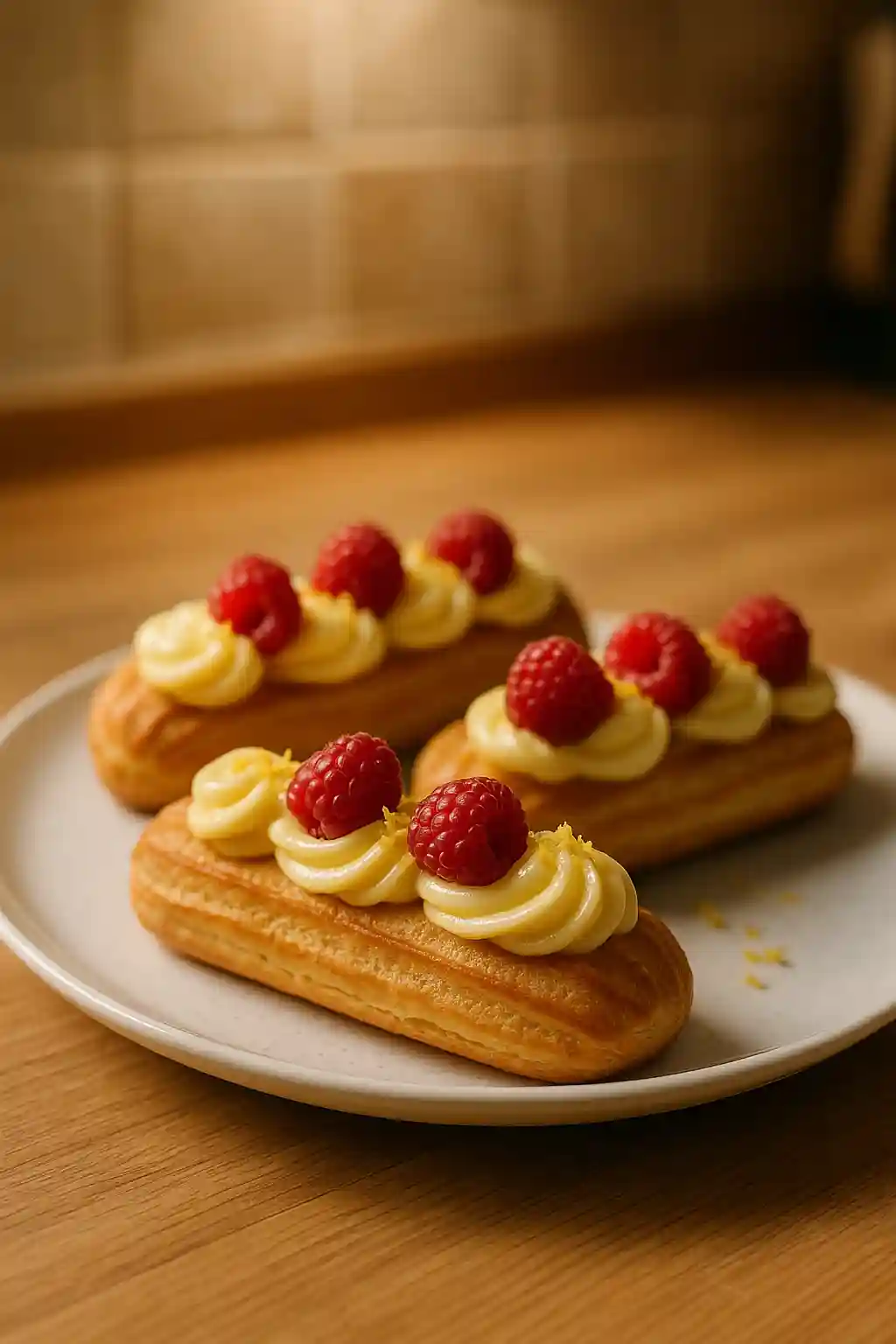 Lemon Raspberry Eclairs That Feel Fresh and Simple 1 Close-up of Lemon Raspberry Eclairs with glossy lemon glaze and fresh raspberries, bright and inviting dessert with the focus on texture and color