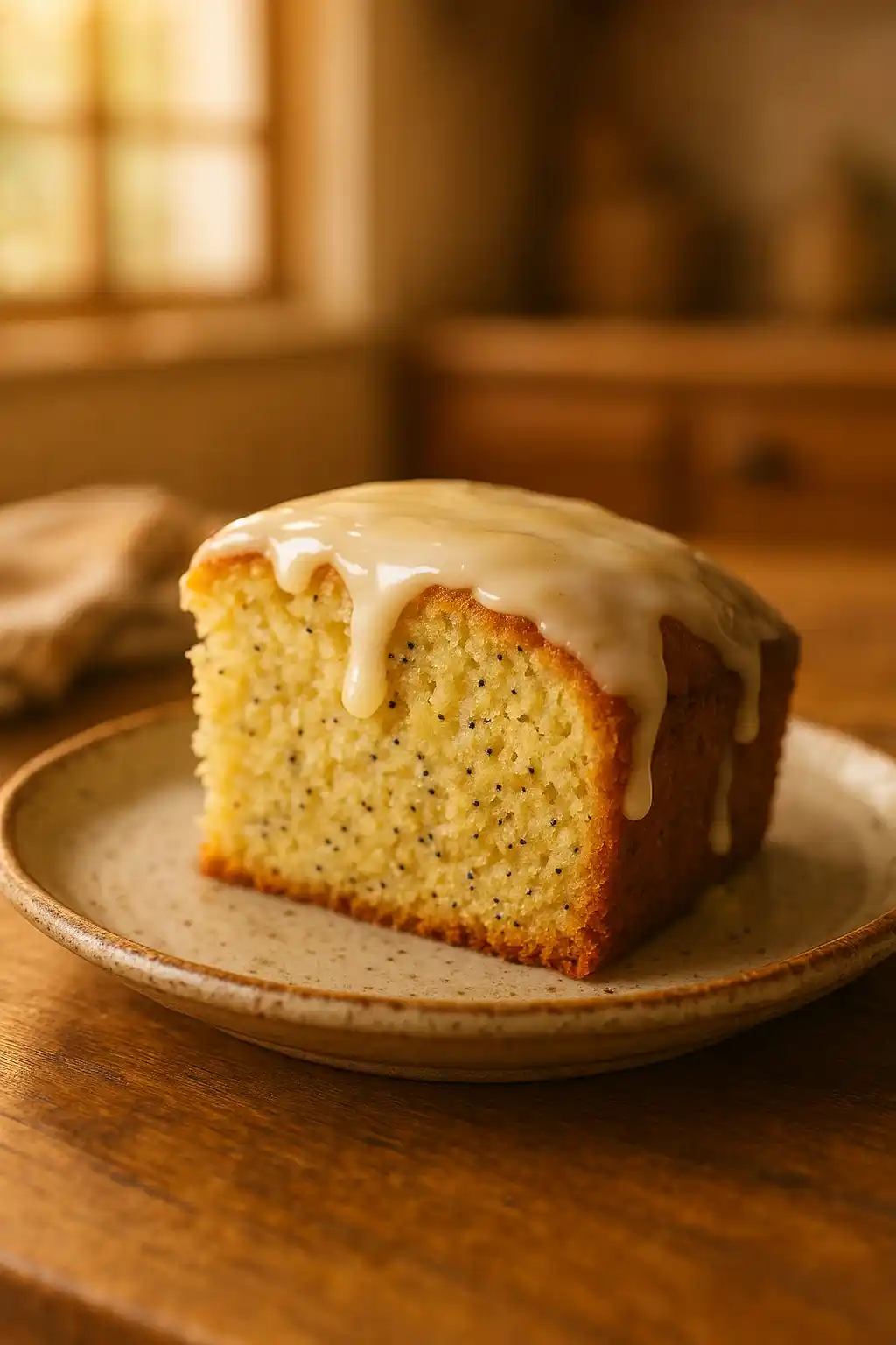 Slice of Lemon Poppy Seed Cake with light glaze and visible poppy seeds, cozy home kitchen setting