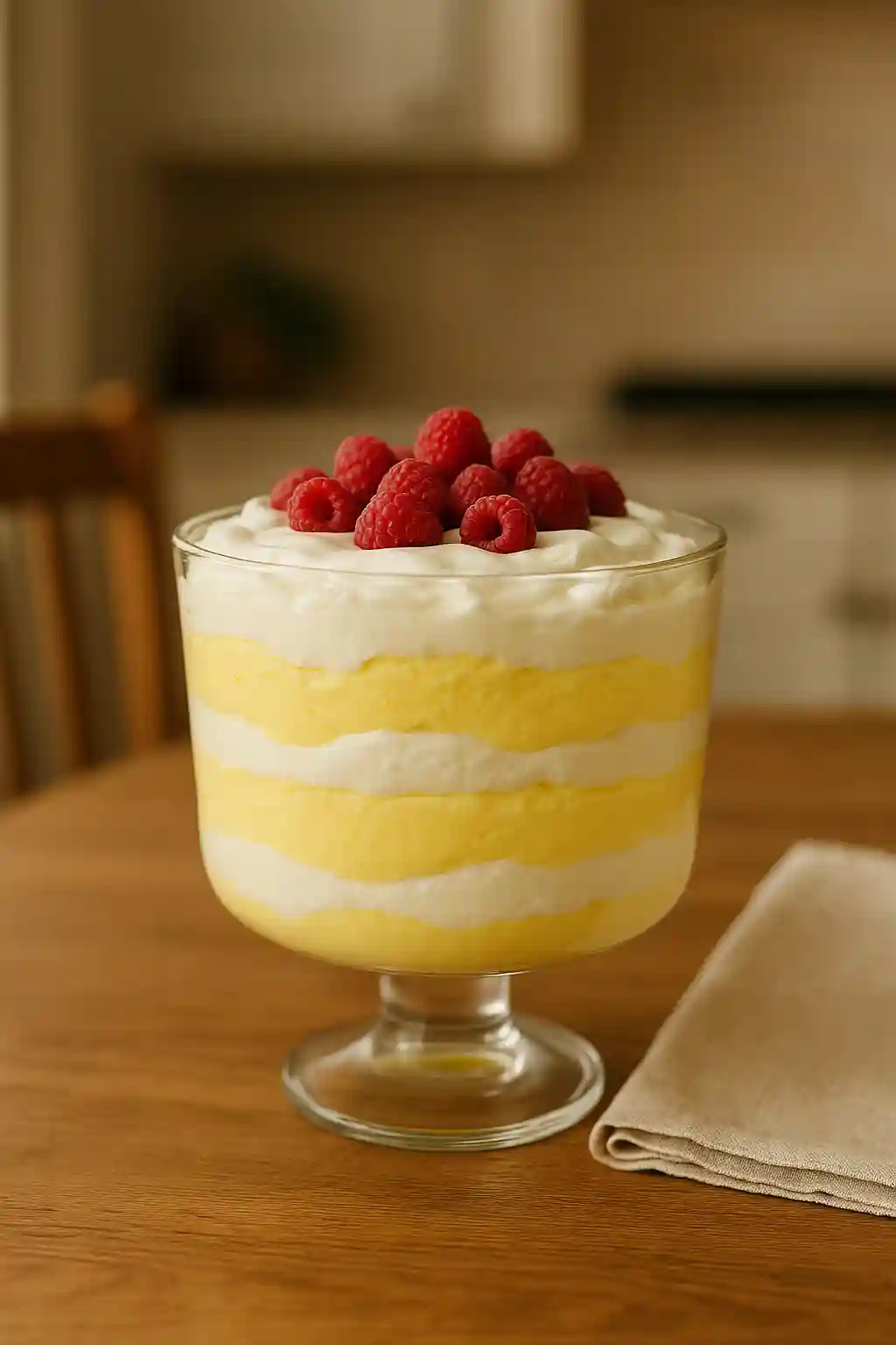 Lemon Raspberry Fluff: Easy Light No-Bake Dessert 1 Lemon Raspberry Fluff dessert in a clear bowl with raspberries on top, bright lemon color and creamy texture