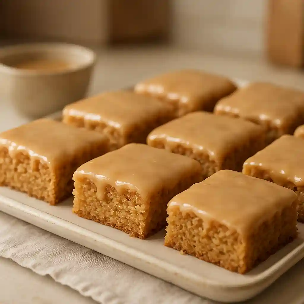 Close-up of maple glazed Maple Donut Bars on a parchment lined pan, warm tones and glossy finish