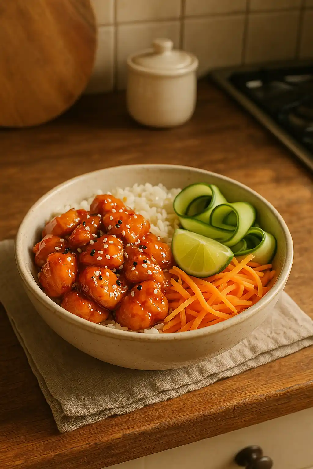 Sweet Chili Chicken Bowl, Cozy Weeknight Dinner 1 Sweet Chili Chicken Bowl with sticky sweet chili glaze, tender chicken, rice, and fresh veggies, a cozy weeknight meal