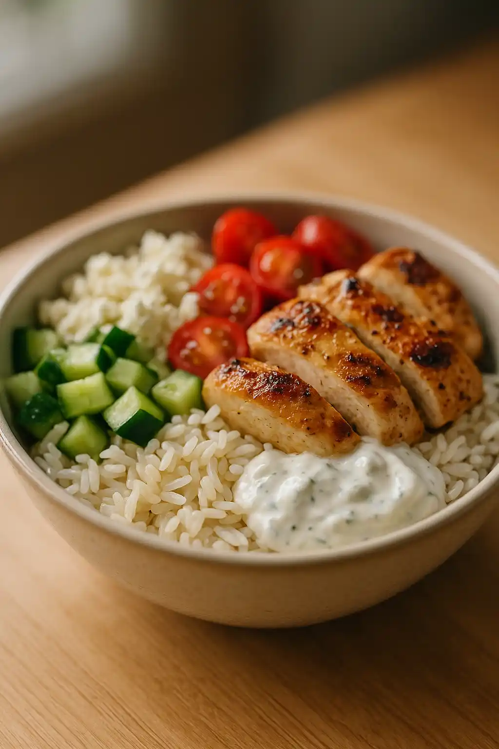Mediterranean Chicken Rice Bowl That Packs Big Flavor 1 Mediterranean Chicken Rice Bowl with juicy seasoned chicken, fluffy rice, cucumbers, tomatoes, olives, and creamy yogurt sauce