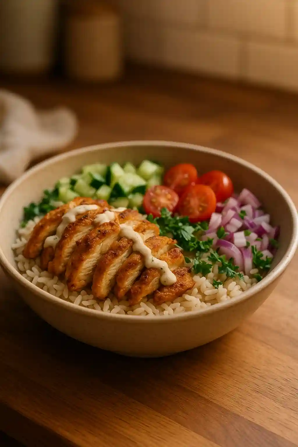 Easy Chicken Shawarma Rice Bowl for Weeknight Meals 1 Close up of a Chicken Shawarma Rice Bowl with sliced seasoned chicken, rice, fresh vegetables, and tahini drizzle, cozy home kitchen styling