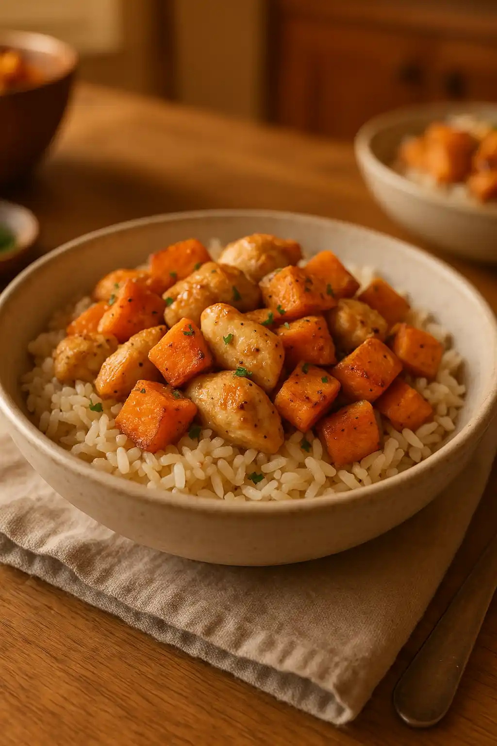 Chicken & Sweet Potato Rice Bowl for Cozy Weeknights 1 Chicken & Sweet Potato Rice Bowl with tender chicken, caramelized sweet potatoes, and fluffy rice, cozy home-style meal