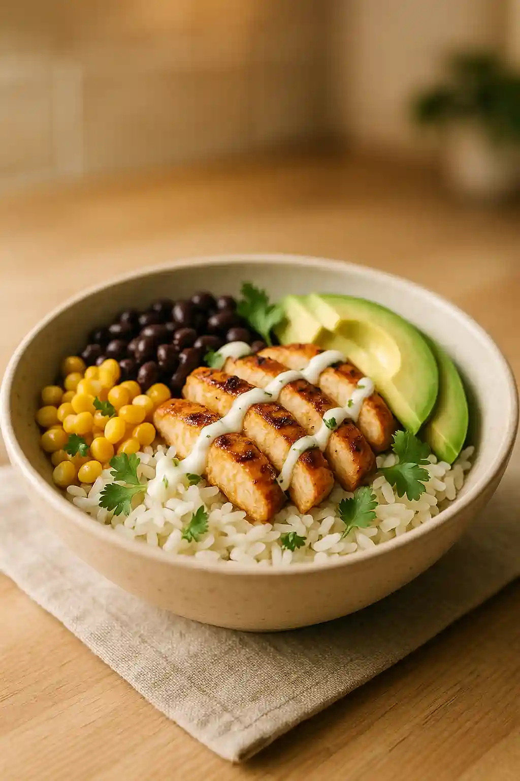 Simple Southwest Chicken Bowl for Busy Weeknights 1 Close-up of a Southwest Chicken Bowl with rice, roasted chicken, black beans, corn, avocado, and lime crema