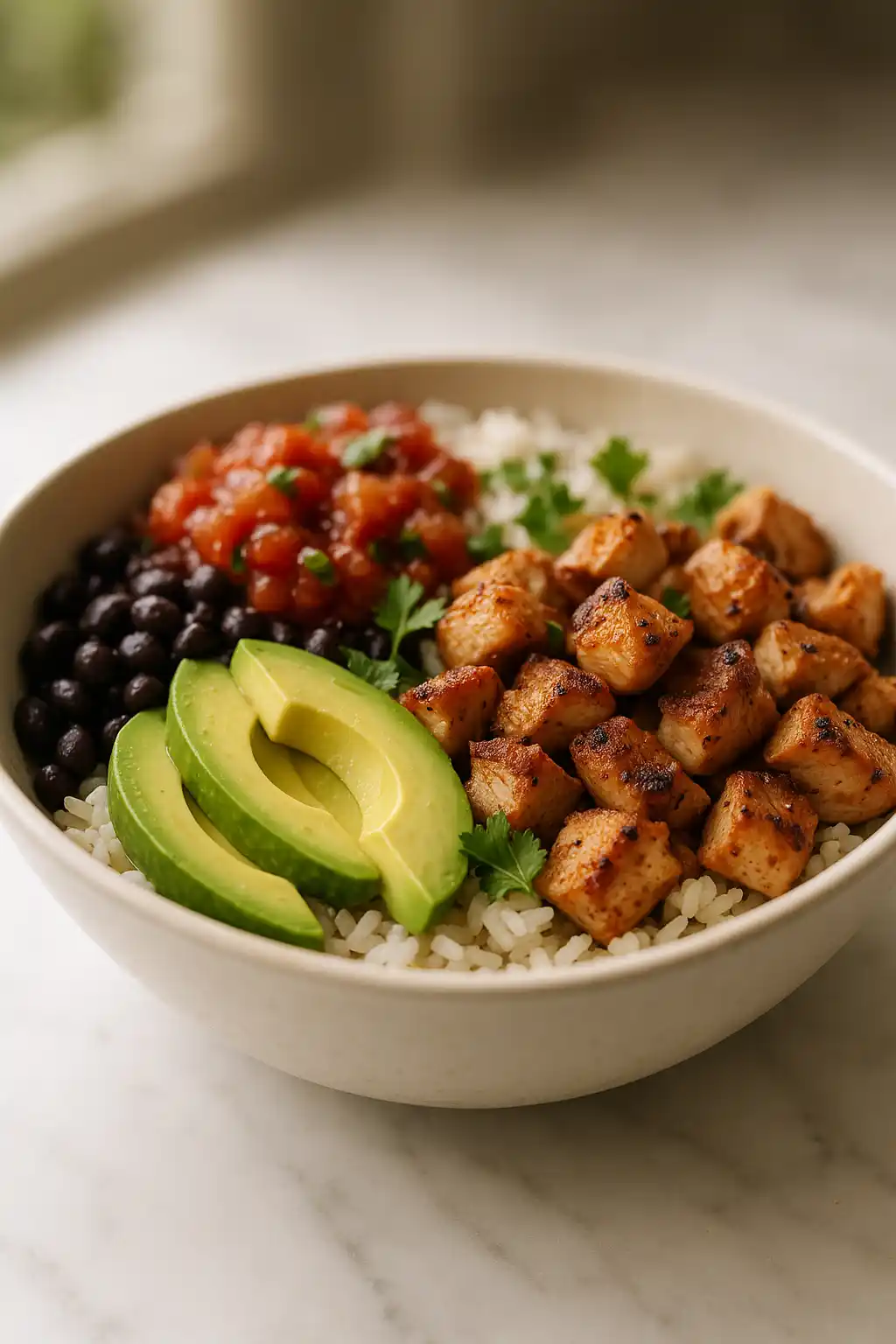 Chicken Burrito Bowl with smoky marinated chicken, rice, black beans, avocado, and salsa