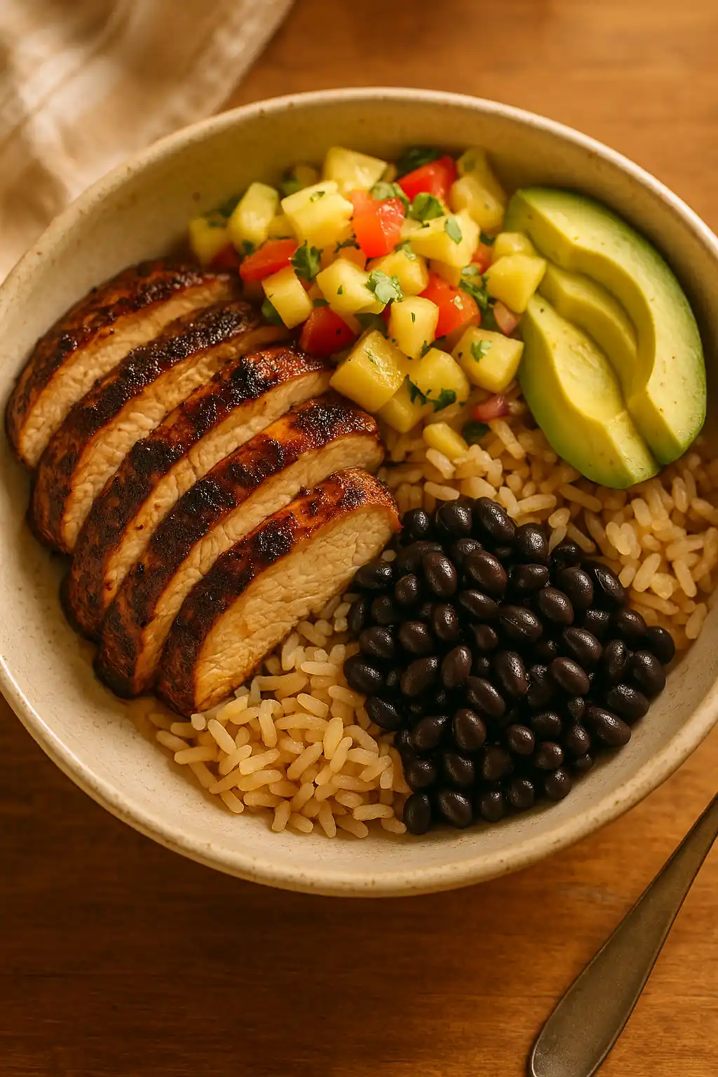 Jerk Chicken Bowl with Pineapple Salsa: Easy Family Dinner 1 Homestyle Jerk Chicken Bowl with Pineapple Salsa served over rice, warm and inviting, focus on juicy grilled chicken and bright salsa