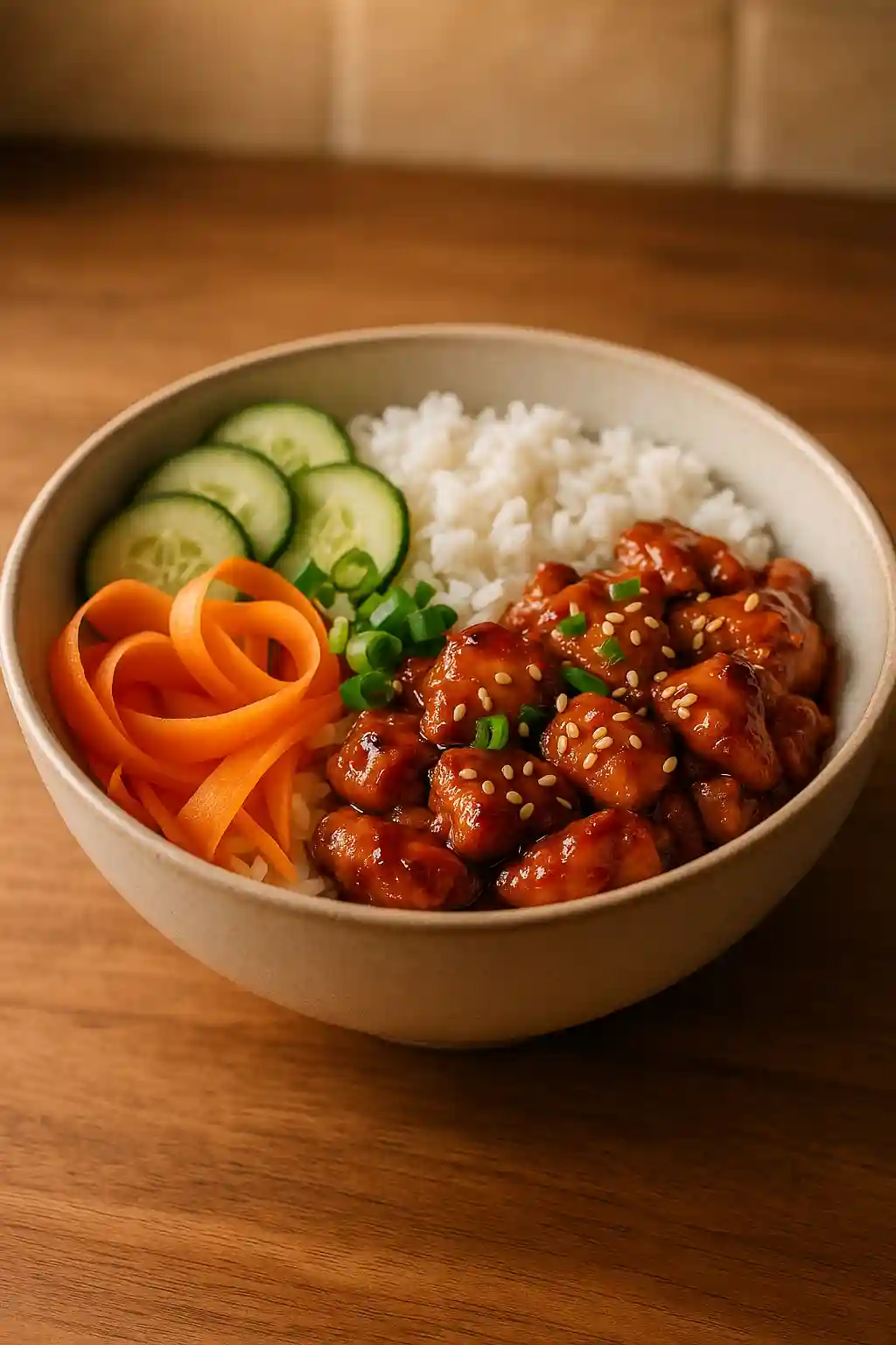Korean BBQ Chicken Bowl That Feels Like Home 1 Korean BBQ Chicken Bowl with glossy glazed chicken, rice, cucumbers, and sesame seeds