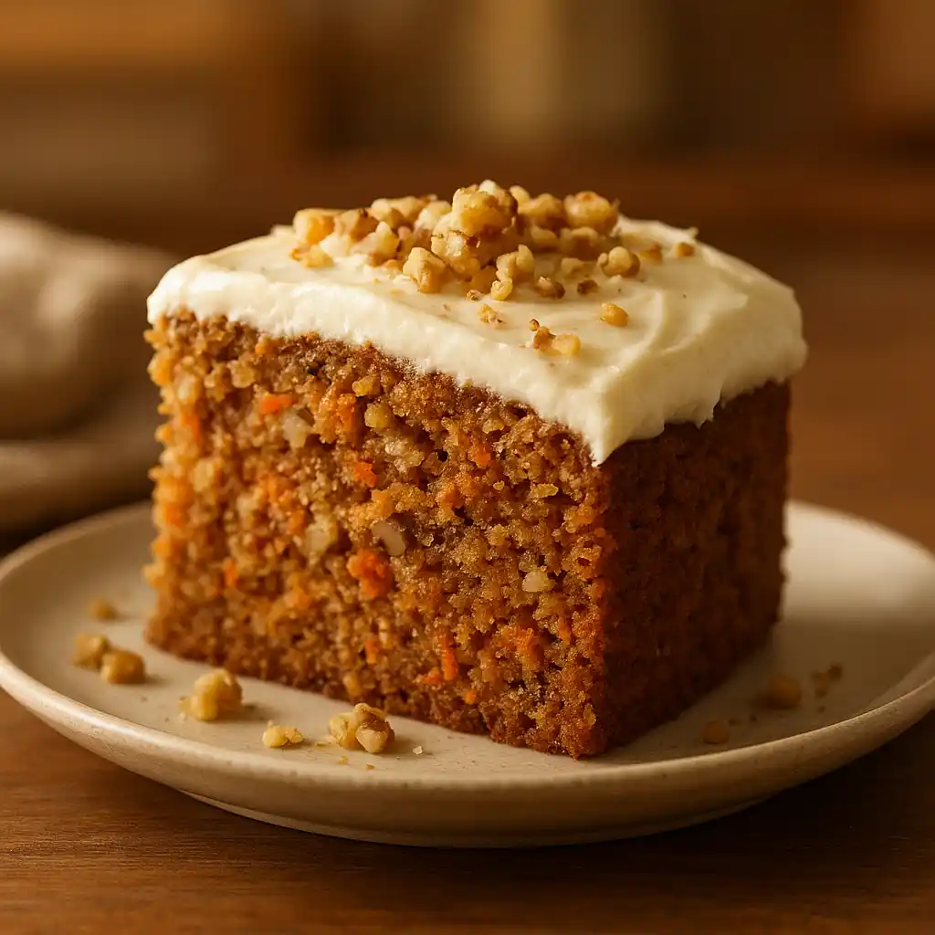 A warm slice of The BEST Carrot Cake Recipe with cream cheese frosting and chopped nuts, cozy home kitchen look