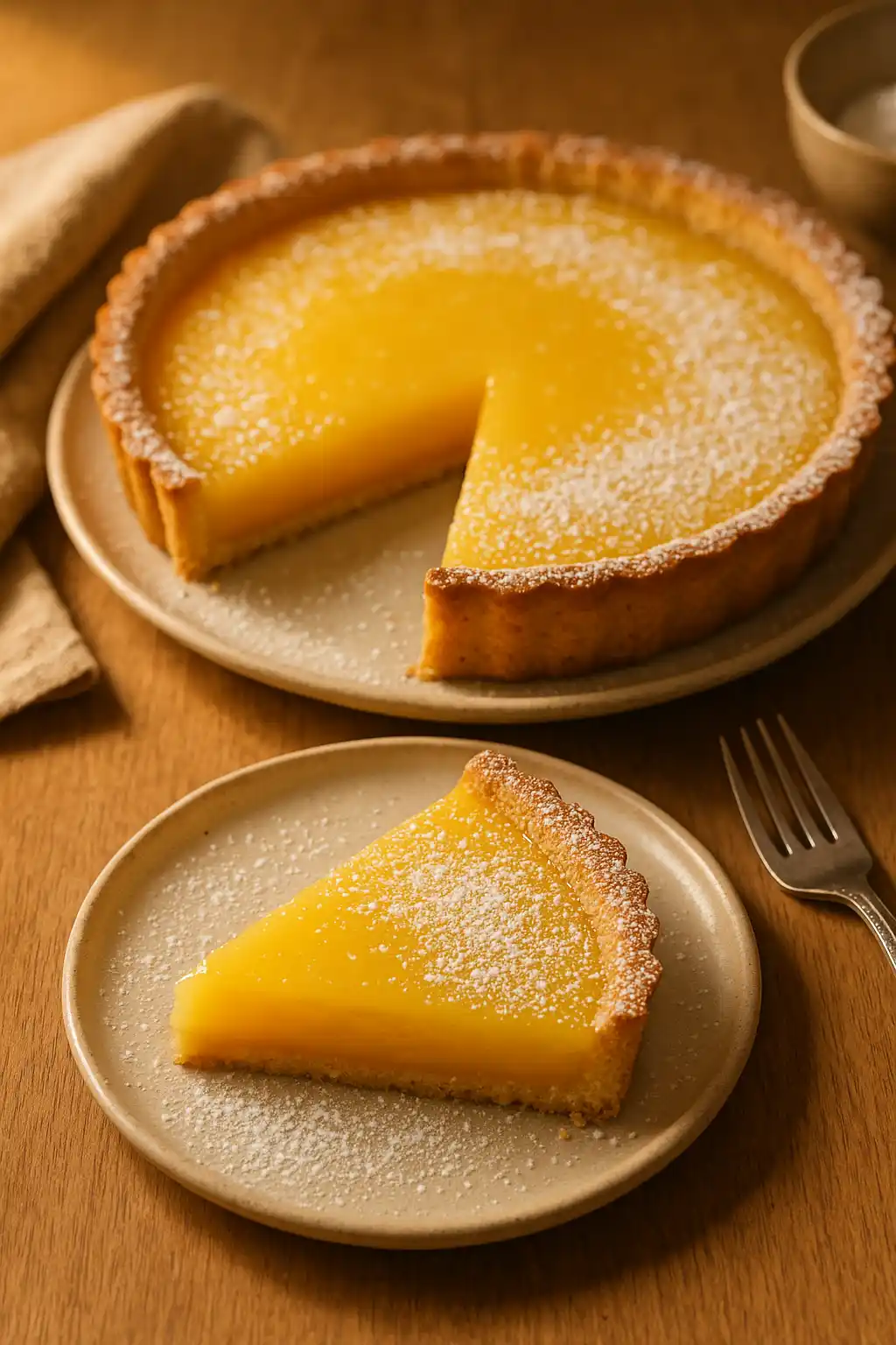 Classic Lemon Tart, Cozy and Easy for Family Evenings 1 Classic Lemon Tart on a rustic plate, bright lemon filling and flaky crust in warm home kitchen lighting