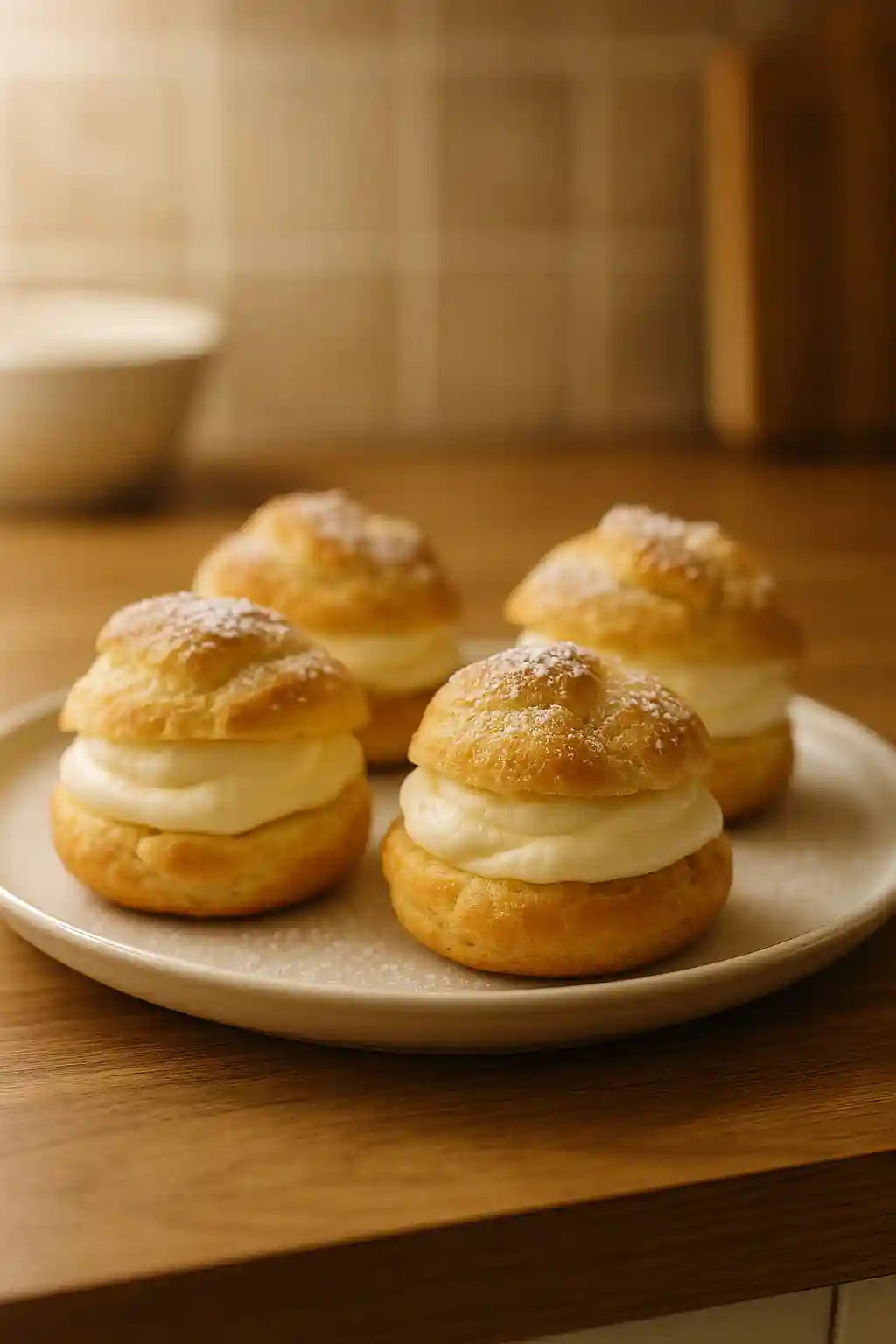 Lemon Cream Puffs: Easy, Light, Homemade Pastry 1 Close-up of lemon cream puffs with dusted powdered sugar and lemon zest, showing crisp choux and creamy lemon filling