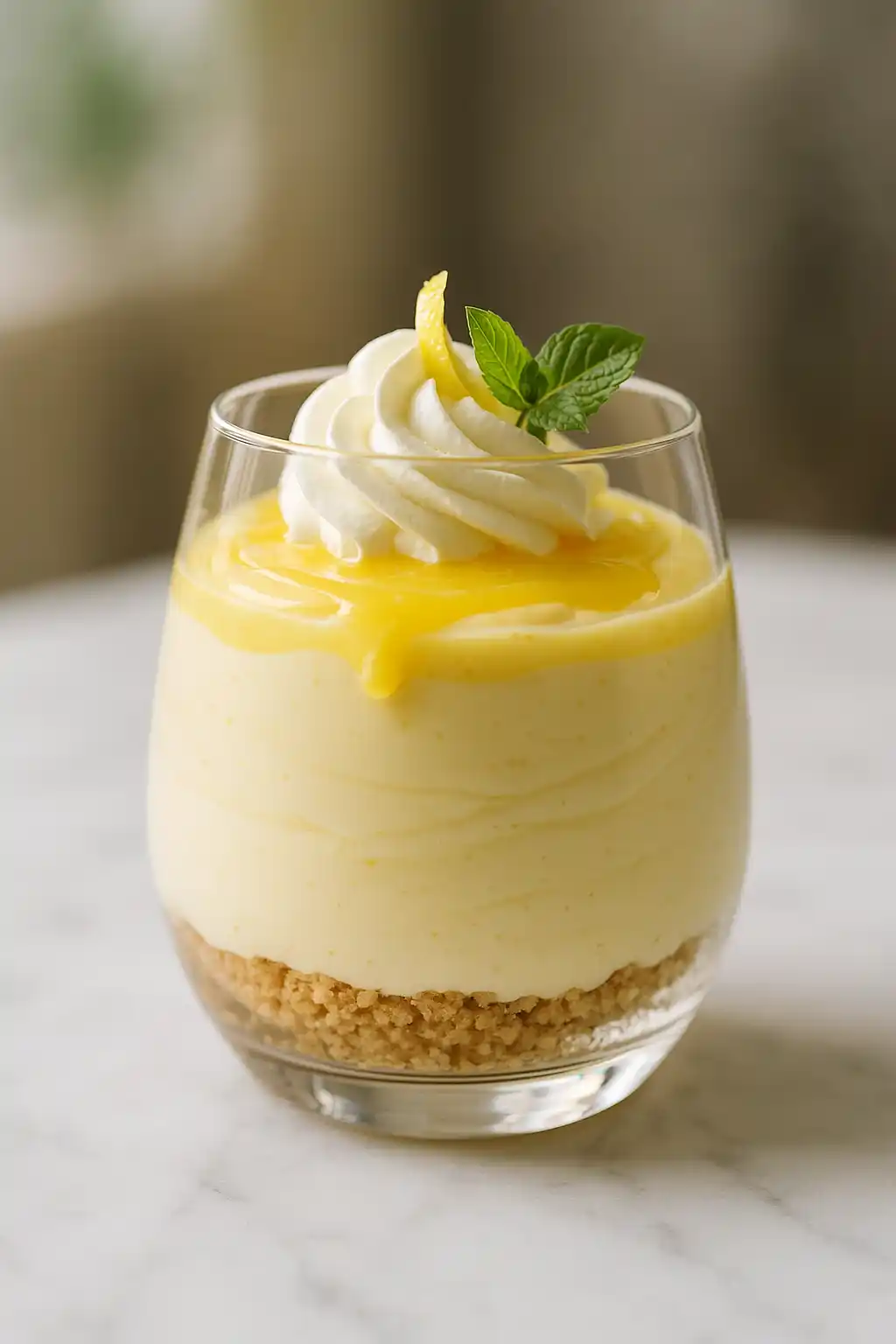 Lemon Mascarpone Mousse, Silky Lemon Cloud Dessert 1 Silky Lemon Mascarpone Mousse in a glass with crushed graham cracker and fresh berries, bright and airy dessert