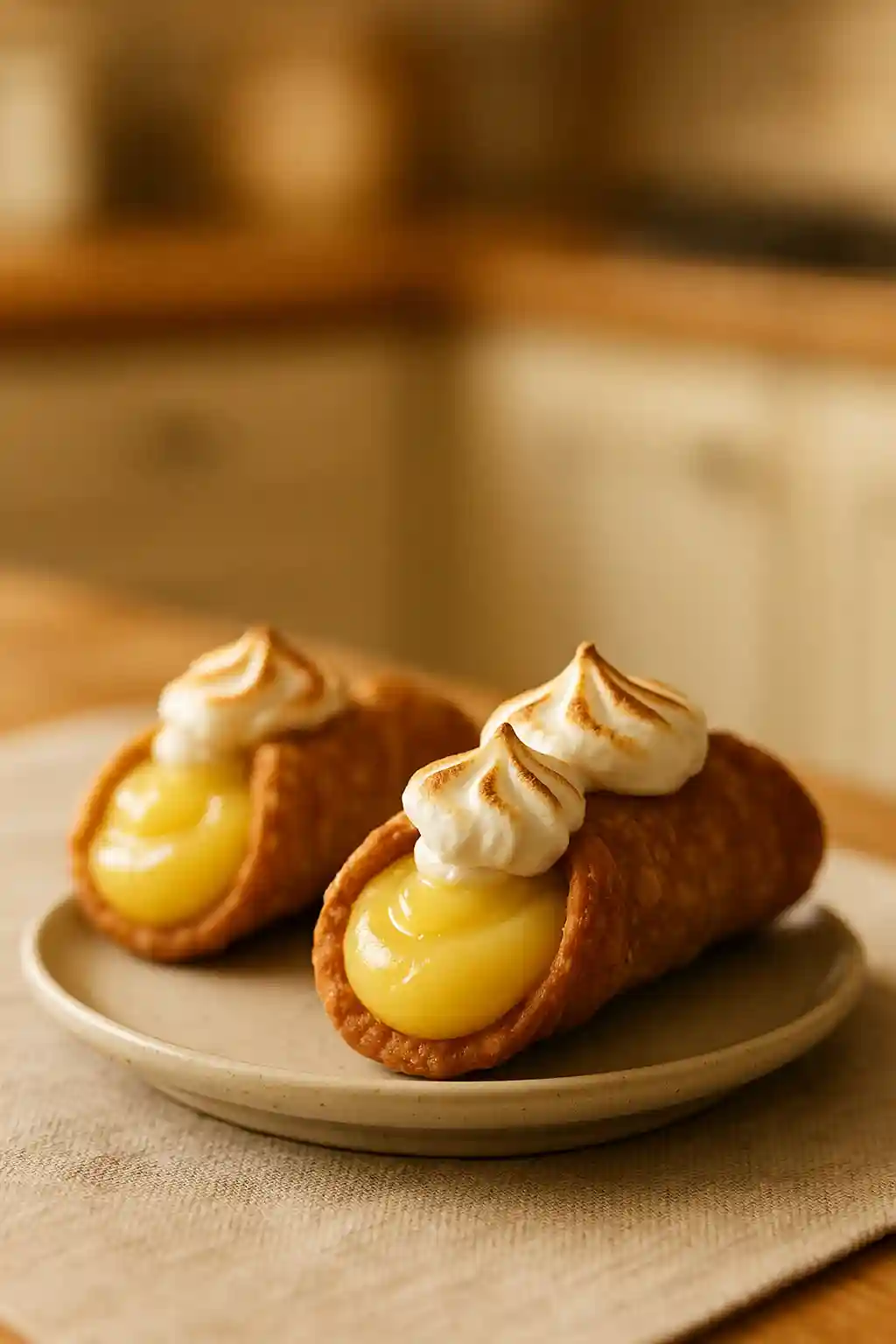 Close-up of Lemon Meringue Pie Cannoli with bright lemon curd and toasted meringue, a comforting handheld dessert