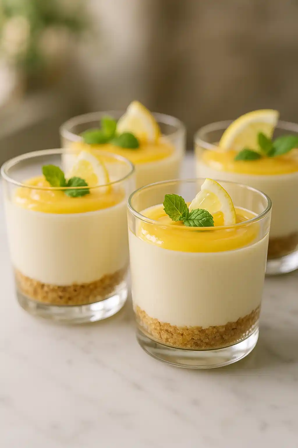 Lemon Curd Cheesecake Cups with glossy lemon curd and graham crumb base showcasing Lemon Curd Cheesecake Cups