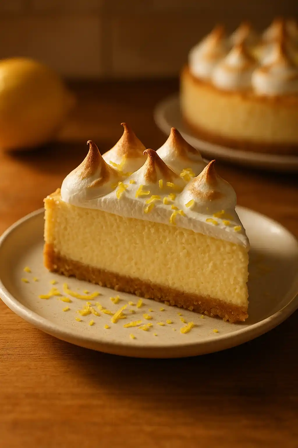 Creamy Lemon Meringue Cheesecake slice with toasted meringue and lemon zest, a cozy home dessert