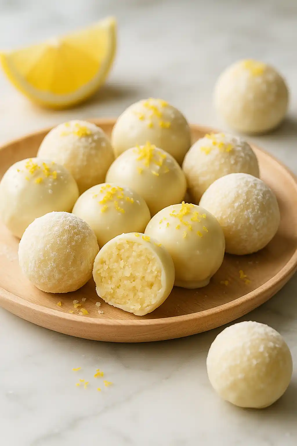 Plate of lemon truffles with glossy white chocolate and bright lemon zest, Lemon Truffles dessert
