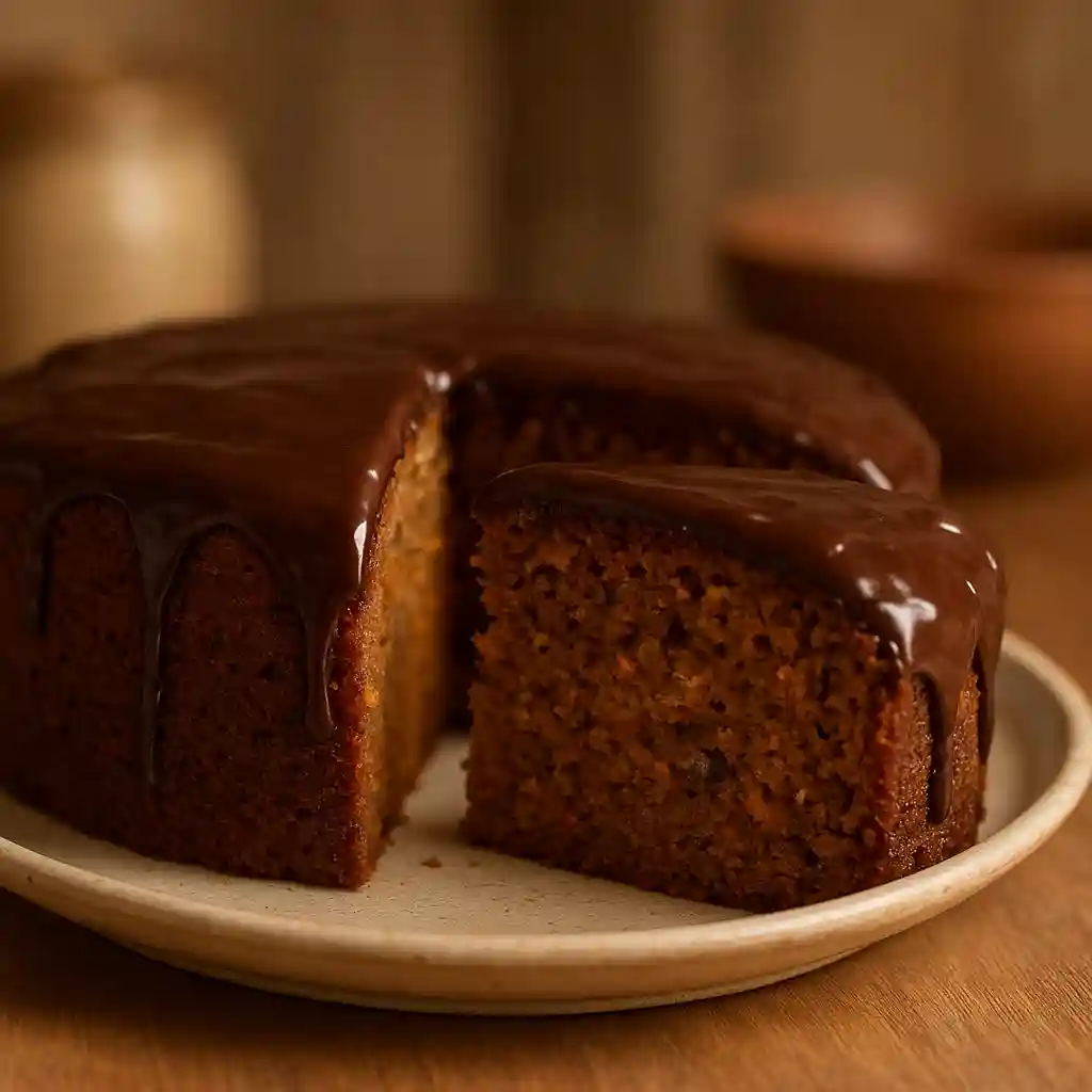 Close-up of a moist Brazilian Carrot Cake slice with chocolate glaze, warm kitchen lighting
